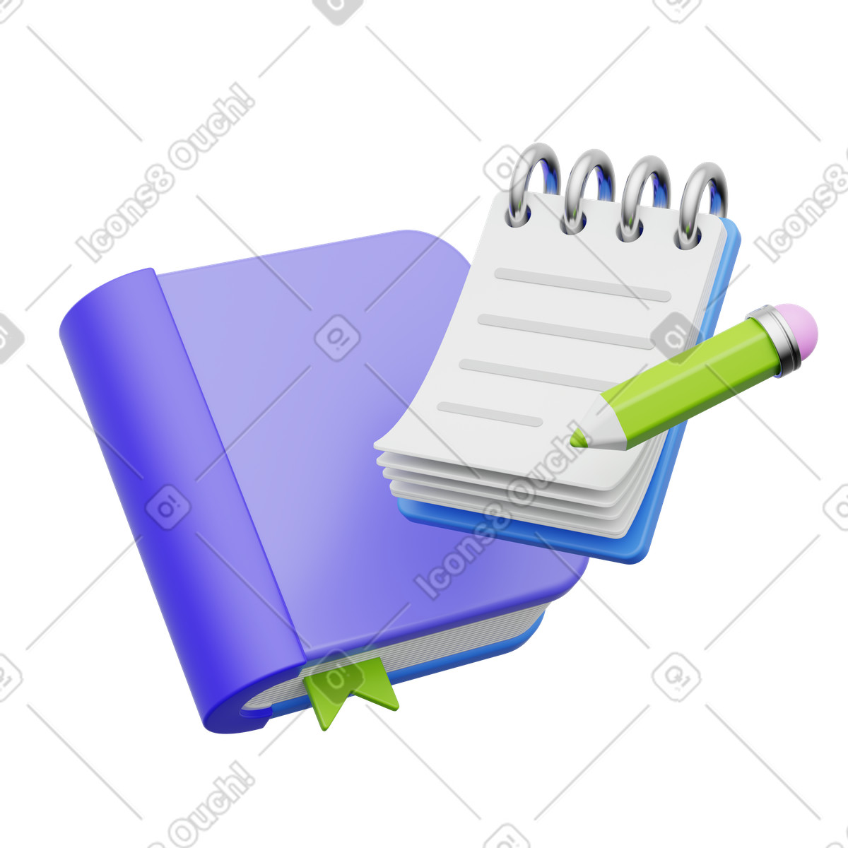 Book with notepad and pencil, study materials, educational tools for learning and note-taking illustration in PNG, SVG