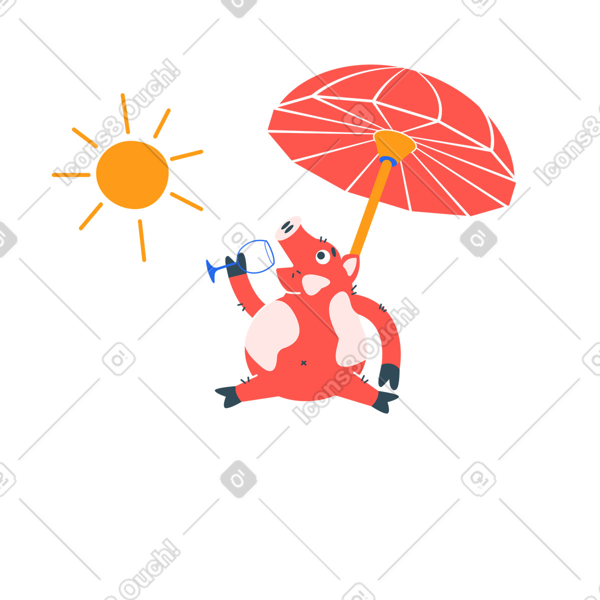 Ilustración Cerdo con paraguas bebiendo vino de verano en estilo Kingdom a descargar en PNG y SVG