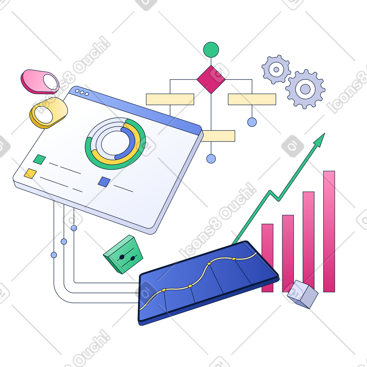 Dashboard with charts and workflow diagram, Business analytics and metrics tracking illustration in PNG, SVG