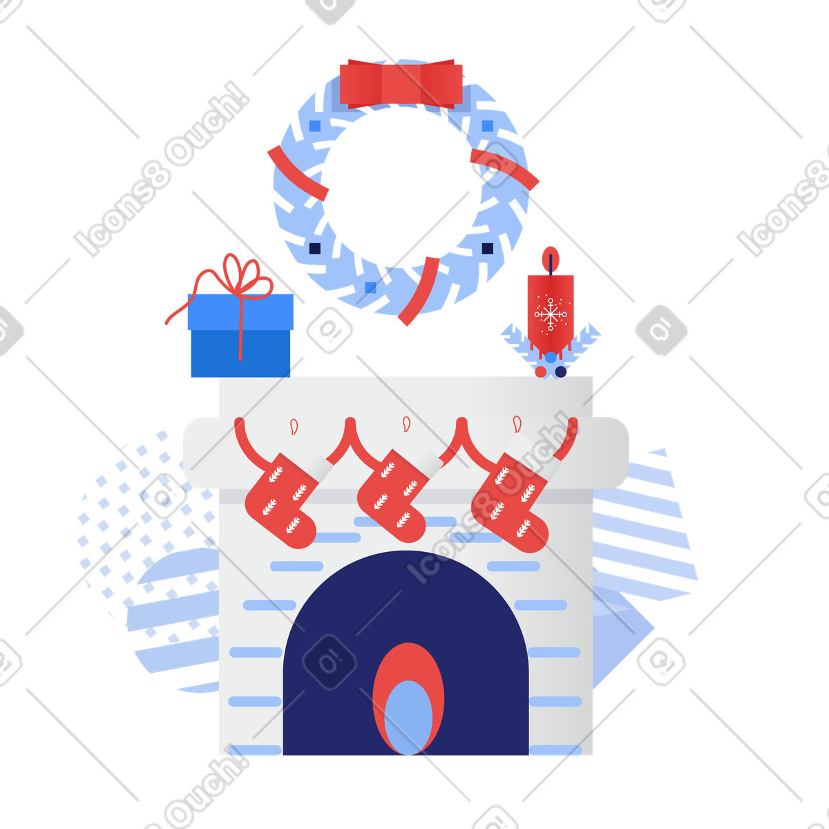 Ilustración Ambiente navideño con una corona y chimenea decorada medias en estilo Clip a descargar en PNG SVG