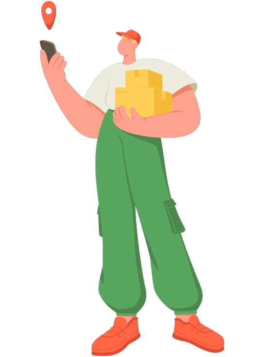 A delivery person holding packages and a phone - Social style illustration