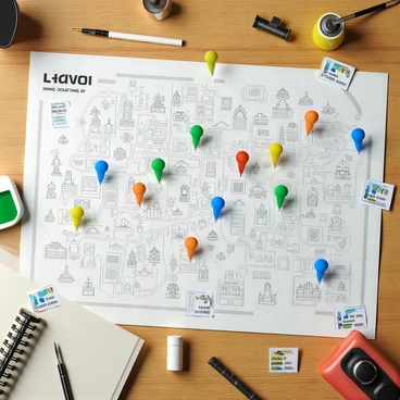 A detailed map laid out on a wooden table, featuring various destinations marked with colorful pins. Each pin represents a different art-related financial goal, such as "Gallery Opening Fund" or "Art Supply Budget." The map includes intricate illustrations of landmarks and art-related symbols, such as paintbrushes, easels, and sculptures. Small notes are pinned next to some locations, detailing specific amounts or milestones. The surrounding area of the map is scattered with art supplies like paint tubes and sketchbooks.