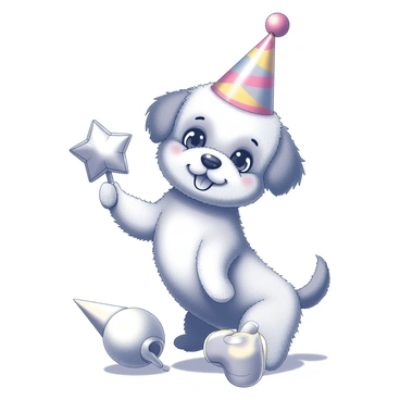 A small, fluffy dog with big expressive eyes is standing on its hind legs. It has a colorful party hat perched on its head and is surrounded by a variety of fun props. In one paw, it holds a shiny silver balloon shaped like a star, while a playful party horn is tucked in the other paw. The background consists of a simple, patterned fabric that adds texture without drawing attention away from the dog. The overall composition captures a light-hearted and playful vibe, perfect for a social media post.