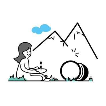 A mountain landscape with jagged peaks rising in the background. In the foreground, a solitary dholki player sits on a patch of grass. The player has long, flowing hair and is wearing a simple tunic. The dholki, a traditional drum, is placed in front of him as he strikes it with his hands. There are patches of greenery around, and a clear blue sky above.