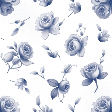 A repeating pattern featuring intricate floral designs. The pattern includes a variety of "roses" with layered petals and "lilies" with elongated, elegant shapes. The flowers are intertwined with "delicate leaves" and "vines" that weave throughout the design. The overall composition is symmetrical, creating a harmonious flow. The background has a textured appearance that enhances the depth of the flowers, making them stand out prominently against it.