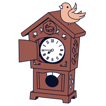 A traditional wooden clock with intricate carvings and a dark brown finish. The clock features a pendulum and is decorated with small leaves and flowers. A cuckoo bird is emerging from a small door located at the top of the clock. The bird is depicted in a light brown color with a slightly curved beak and wide open wings. The clock face shows Roman numerals and has hands pointing to three o'clock.