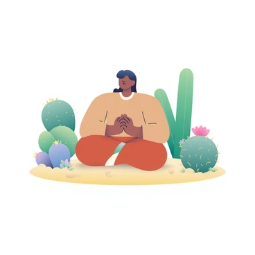 A person with dark hair is sitting cross-legged on the ground, meditating peacefully among a circle of cacti. The person is wearing comfortable, loose-fitting clothing in earth tones. Surrounding them are various cacti in different shapes and sizes, all appearing healthy and vibrant. Some cacti are tall and slender, while others are shorter with rounded forms. The ground is sandy with small pebbles, and there are a few delicate wildflowers peeking through the sand. The scene conveys a sense of tranquility and connection with nature.