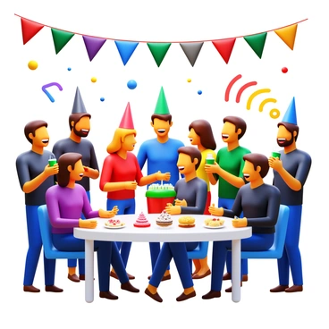A group of employees laughing and enjoying themselves at a festive holiday party. Colorful decorations hang from the ceiling, including banners and twinkling lights. Some employees are wearing festive hats, while others hold drinks in their hands. A large table is filled with various holiday treats and snacks. In the background, a speaker emits vibrant music, adding to the lively atmosphere. Everyone is engaged in conversation, creating a joyful and celebratory environment.
