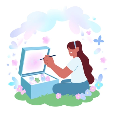 A whimsical scene of a girl named Nami painting a colorful box filled with magical creatures.