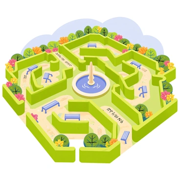 A maze garden featuring lush green hedges forming intricate pathways. The paths are designed with various "ahki" illustrations, adding vibrant colors and artistic patterns to the garden. Brightly colored flowers bloom along the edges of the maze, enhancing the visual appeal. In the center of the maze, there is a decorative fountain surrounded by stone benches for resting. The sky above is clear and blue, casting soft shadows on the ground.