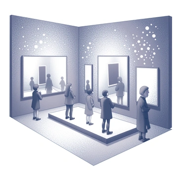 An art museum interior featuring walls and floors that are entirely covered in an intricate pattern of dots. The dots vary in size and shape, creating a dynamic visual effect throughout the space. Reflections are created by strategically placed mirrors that enhance the surrounding environment. The mirrors are positioned at various angles, reflecting both the dots and the viewers in the exhibit. Spotlights illuminate the walls, highlighting the details of the dot patterns. Visitors can be seen exploring the space, some standing in contemplation while others interact with the reflective surfaces.