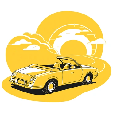 A convertible car with the top down, driving into a colorful sunset