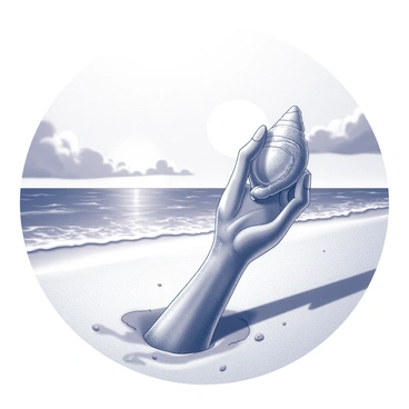 A zombie hand emerging from the sand on a deserted beach. The hand is decayed, with exposed bone and rough skin texture. It is tightly clutching a seashell, which has intricate patterns and a glossy surface. The background features gentle waves lapping at the shore, and the horizon is marked by a large sun setting, casting elongated shadows on the sand. The sky is filled with clouds, creating a dramatic contrast against the scene.