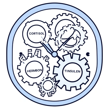 An intricate clockwork mechanism composed of interlocking gears and cogs. The gears are adorned with delicate engravings, and each is labeled with different hormones such as "cortisol," "testosterone," and "insulin." The entire assembly is housed in a transparent casing, allowing a view of the intricate workings inside. Each labeled hormone appears prominently on the corresponding gear, illustrating their connection to time cycles. The background is minimalistic, emphasizing the complexity of the mechanism.