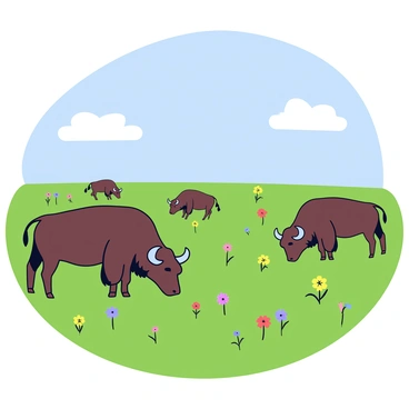 A prairie ecosystem with grazing bison and wildflowers in a wide-open field