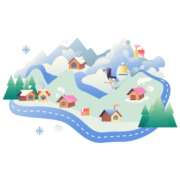 A mountain resort map is displayed prominently, featuring detailed representations of ski slopes in various shades of blue and white. The slopes are labeled with names, and their steepness is indicated through different gradient shades. Scattered throughout the map are several brown cabins, each with a sloped roof and smoke rising from the chimneys, representing cozy lodgings. To the side, there is a green forest area with pine trees, while a winding road connects the cabins to the ski slopes. Small icons of snowflakes and ski equipment are used to enhance the map's theme.