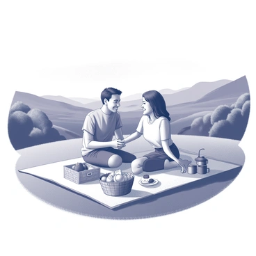 A couple enjoying a healthy picnic on a grassy hill with a view of the valley