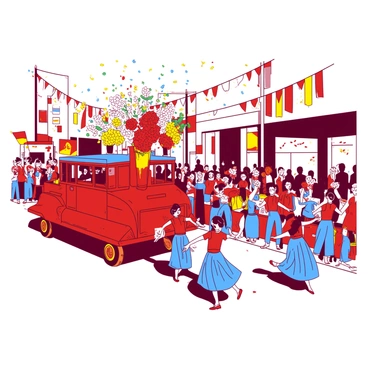 A red float is adorned with vibrant decorations and flowers, showcasing the national colors of the country. Brightly dressed dancers in blue costumes are performing lively traditional dances alongside the float, their movements energetic and synchronized. The street is bustling with spectators, many waving flags in a mix of yellow and red. Colorful banners hang from the buildings, adding to the festive atmosphere as confetti falls gently from above, creating a joyful scene of celebration and national pride.