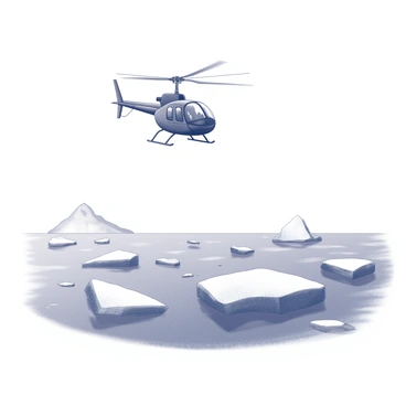A helicopter is flying low above a vast ocean. The ocean surface is disturbed by gentle waves, and numerous icebergs are scattered throughout the scene. The icebergs vary in shape and size, some rising sharply from the water while others are more submerged. The helicopter has a distinctive silhouette, with its rotor blades spinning above. The scene conveys a sense of movement, with the helicopter's flight creating a dynamic atmosphere over the stillness of the ocean and the majestic icebergs below.