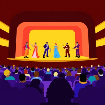 A grand auditorium filled with an audience is captured, showcasing a dramatic theater performance. On stage, several actors are dressed in elaborate costumes, each portraying distinct characters. The stage is brightly lit, casting a warm glow on the performers, while dramatic shadows create a sense of intensity. The backdrop features intricate set designs that enhance the storytelling aspect of the performance. The audience members can be seen leaning forward in their seats, fully engaged in the unfolding drama. The atmosphere is lively with the energy of the performance radiating throughout the space.