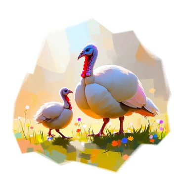 A fluffy baby turkey with soft, downy feathers is walking beside its mother in a grassy field. The baby turkey has a light brown plumage with speckles of darker brown and is looking up curiously at its mother. The mother turkey, larger and more robust, has a darker plumage with iridescent hues. They are surrounded by lush green grass, with a few wildflowers scattered throughout the field. The sunlight casts gentle shadows on the ground, creating a warm, inviting atmosphere.