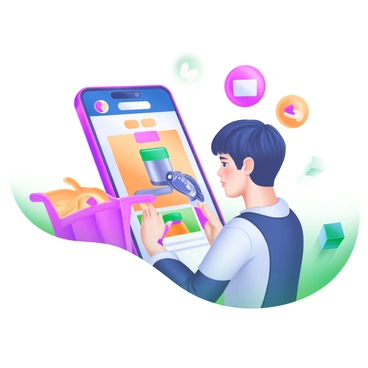 A modern pastel illustration showcasing a person engaging with a social media platform on their smartphone. The screen of the phone displays a vibrant product advertisement with images of the product. The person is a young adult with short hair, focused on the screen while holding their phone. Surrounding them are various social media icons and notification symbols, including likes, comments, and shares. A small shopping cart icon is also present, symbolizing the purchase process. Bright colors dominate the scene, enhancing the lively atmosphere of online shopping.