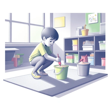 A child playing on a soft mat, pouring colorful sand from one container to another. The child is crouched down, focused on the sand, with small plastic toys scattered around, including a red shovel and a green bucket. The classroom features bright, educational posters on the walls and a variety of learning materials on shelves. Natural light filters through a window, casting soft shadows across the floor, creating a cozy atmosphere.