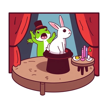 A green frog wearing a small black top hat is standing on a wooden stage. The frog has its left hand raised, and in its right hand, it is pulling out a white rabbit from a large black magician's hat placed in front of it. The rabbit is halfway out of the hat, looking surprised. The stage has red curtains draped on either side, and there is a spotlight illuminating the frog and the hat. A small wooden table stands nearby, holding various colorful magic props.