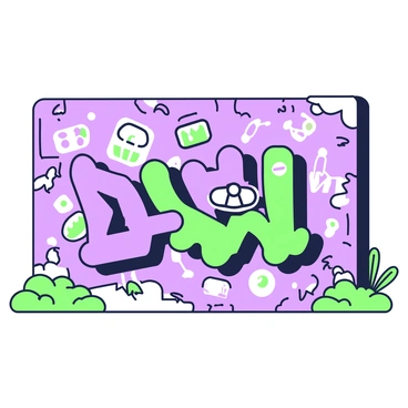 A city wall features a vibrant display of graffiti art. Various abstract shapes fill the space, intertwining in intricate patterns. Among these shapes, there are images of pills, each with distinct designs, scattered throughout. The wall's surface shows wear, with cracks and fading paint, adding texture to the urban backdrop. Surrounding the graffiti, hints of green plants peek through the crevices in the wall, contrasting with the bold illustrations.