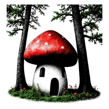 A cozy vintage gnome house is shaped like a giant mushroom with a rounded red cap and a white stem. The house is nestled among tall, slender trees with textured bark and abundant green leaves. Small windows dot the sides of the mushroom, adding charm to the structure. A tiny door is set into the base of the stem, inviting and whimsical. The ground is covered in soft moss, and small flowers peek out from between the roots of the trees. Delicate details highlight the rustic feel of the scene, creating a warm and welcoming atmosphere.