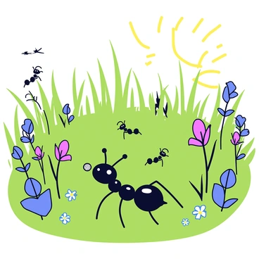 An ant with a shiny black body is carrying a small grain of food. The ant is positioned in the center of a lush green field filled with tall grass and vibrant wildflowers. Sunlight filters through the leaves above, casting gentle shadows on the ground. The texture of the grass is detailed, with individual blades standing tall. In the background, a few more ants can be seen busily working among the plants.