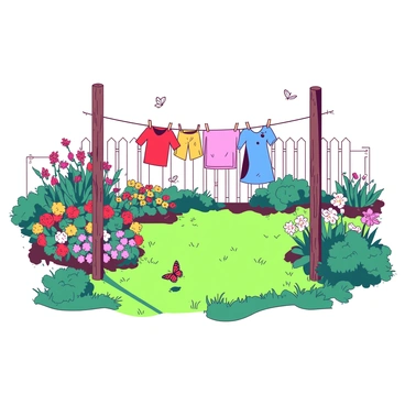 A vibrant backyard garden filled with various colorful flowers and plants. In the center, a clothesline is strung between two wooden posts, with several pieces of clothing hanging to dry. The clothes include a red shirt, a blue dress, and yellow shorts. Bright sunlight illuminates the scene, casting soft shadows on the grass below. A white picket fence surrounds the garden, and butterflies can be seen fluttering around the flowers.