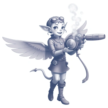 An elf with intricate, curled ears and adorned with steampunk accessories stands confidently. The elf is dressed in a brown leather outfit featuring various gears and goggles. In their hands, they proudly hold a whimsical flying contraption that includes wings made of metallic materials and intricate clockwork mechanisms. The contraption is detailed, with visible gears turning and steam emitting from vents. The elf's expression conveys excitement and pride as they showcase their invention to an unseen audience.