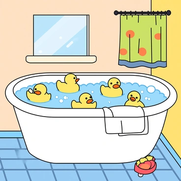 A large, white bathtub filled with bubbly water. Several bright yellow rubber duckies are floating playfully on the surface, some facing different directions. The walls of the bathroom are painted in soft pastel colors, and a colorful shower curtain hangs nearby. A fluffy white towel is draped over the edge of the tub. The floor is tiled with small, round blue tiles, and a few bath toys are scattered around the tub area. Sunlight filters in through a small window, illuminating the cheerful scene.