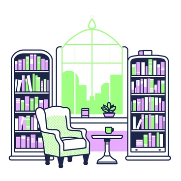 A quaint corner of an English bookshop is filled with shelves stacked with classic novels. The wooden shelves are warmly lit and feature various titles with ornate spines. A small round table is positioned in front of the shelves, holding a purple teacup next to a green teapot. An armchair, upholstered in a patterned fabric, is nestled nearby, inviting readers to sit down with a book. A large window in the background allows soft light to filter in, illuminating the cozy atmosphere. A small potted plant sits on the windowsill, adding a touch of life to the scene.