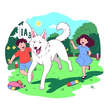 A white borzoi with a sleek coat is playfully running in a green grassy backyard filled with colorful toys scattered around. Two children, a boy and a girl, are laughing as they chase the borzoi, their faces filled with joy. The sun is shining brightly overhead, casting soft shadows on the ground. The boy is wearing a red t-shirt, while the girl is dressed in a blue dress. Flowers in various shades surround the yard, adding to the vibrant atmosphere of the scene.