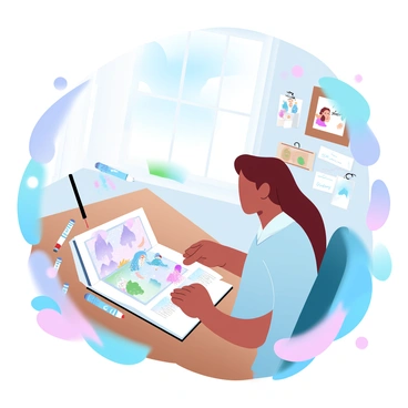 An illustrator is seated at a wooden desk, surrounded by colorful art supplies including markers, pencils, and paper. The illustrator is focused on creating a vibrant scene from a children's story. On the desk, there is an open sketchbook displaying illustrations of whimsical characters like a friendly dragon and a cheerful fairy. Bright, playful colors dominate the sketches, and a large window in the background allows sunlight to illuminate the workspace, casting a warm glow over the scene. Various colorful drawings are pinned to a corkboard on the wall, showcasing different characters and landscapes.