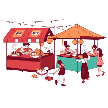 A red food stall with a colorful awning displays various traditional Japanese snacks, including takoyaki, yakitori, and mochi. Beside it, an orange stall is selling steaming bowls of ramen, with a chef in a white apron preparing the dishes. A teal stall offers sweet crepes filled with fresh fruit and whipped cream. Customers are gathered around, enjoying their food while some children point excitedly at a vendor who is expertly tossing dough for taiyaki. Lanterns hang overhead, illuminating the scene with vibrant colors.