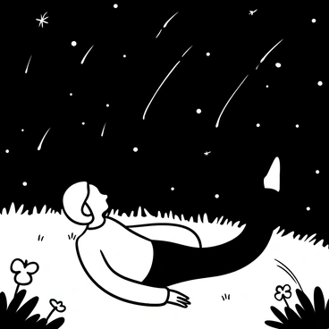 A girl wearing a hijab lying on a grassy hill, gazing at the night sky. The sky is filled with multiple shooting stars creating streaks of light. The grass surrounding her is lush and detailed, with a few wildflowers scattered throughout. The scene captures a tranquil moment under a vast, starry sky.