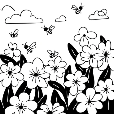 A swarm of bees buzzing around in a dreamlike landscape filled with oversized flowers. The flowers have intricate petal patterns and exaggerated proportions, creating a whimsical environment. Some bees are hovering near the centers of the flowers, while others are in mid-flight, showcasing their delicate wings. The sky above is filled with soft, fluffy clouds, and there are abstract shapes and forms in the distance that enhance the surreal quality of the scene.