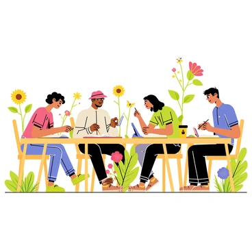 A group of four participants seated at wooden tables in a lush garden, each focused on their sketchbooks. One participant, a woman with curly hair, is drawing a tall sunflower, while a man with glasses sketches a butterfly perched on a leaf. Another woman, wearing a wide-brimmed hat, is capturing the details of a vibrant red flower. The last participant, a young man, is observing a small bird sitting on a branch as he draws. Surrounding them are various plants and colorful flowers, creating a lively and inspiring atmosphere for their nature illustration workshop.