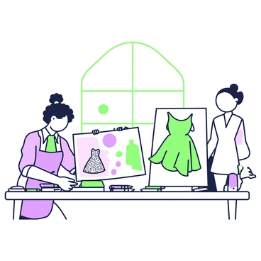 A fashion designer is seated at a large table, meticulously laying out A3 boards covered in sketches of clothing designs. The designer has curly hair tied back and is wearing an apron over a blouse and fitted pants. She is placing a sketch of a flowing dress with intricate details on one side of the table, while on the other side, there is a board displaying a tailored suit sketch. Around the table, various colored fabric swatches are scattered, along with a set of markers and pencils. A large window in the background allows natural light to illuminate the workspace, highlighting the creativity and organization of her designs.