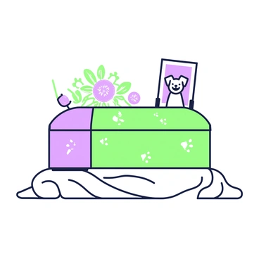 A small coffin is placed on a soft surface, with an intricate design showcasing "paw prints" carved into its sides. The coffin is crafted from smooth wood, with a polished finish that reflects the surrounding light softly. Atop the coffin, there is a delicate arrangement of colorful flowers, with stems gracefully draping down. Nearby, a framed picture of the pet sits on a small stand, showing its joyful expression. The overall composition conveys a sense of affection and remembrance for the beloved pet.