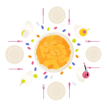 A festive table setting featuring a round white tablecloth. In the center of the table, there is a large, ornate plate holding a golden-brown baklava, displayed in an appealing arrangement. Surrounding the baklava are vibrant pieces of colorful confetti scattered across the tablecloth. There are elegant forks and plates set at each place, and a few glasses sparkling with a refreshing drink. The scene is filled with a cheerful atmosphere, perfect for a celebration.