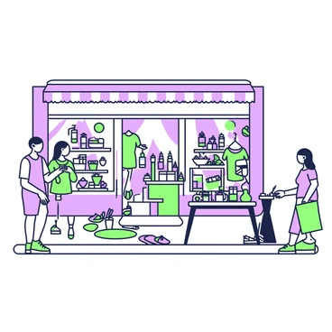 A trendy pop-up shop is situated on a bustling city street. The shop has an inviting entrance with large glass windows showcasing unique products. Inside, there are several display tables filled with an assortment of items, including handmade jewelry, artisanal candles, and vibrant clothing. Many of the products are arranged neatly on shelves, while some are strategically placed on pedestals for emphasis. The floor is adorned with colorful rugs that add a lively touch to the atmosphere. People are browsing and interacting with the merchandise, creating a sense of excitement and community. The shop has a modern design with an open layout, allowing ample light to flood the space.