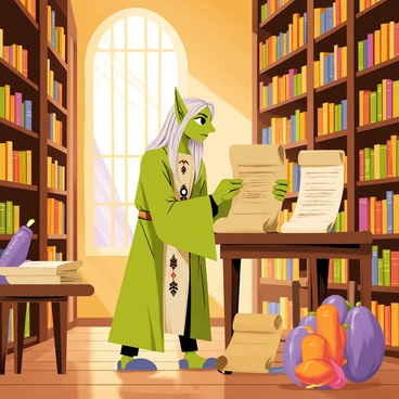 An elf librarian with pointed ears and long, flowing silver hair is carefully organizing ancient scrolls in a grand library. The library features towering wooden bookshelves filled with various tomes and scrolls. Warm golden light filters through large stained glass windows, casting colorful patterns on the polished wooden floor. The elf is wearing a long green robe adorned with intricate patterns, and is using a quill to label scrolls with delicate handwriting. A large wooden table nearby holds an open scroll, and a few magical artifacts are scattered around, adding to the enchanting atmosphere.