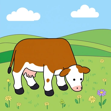 A brown and white cow with large, expressive eyes, peacefully grazing in a lush green meadow filled with various wildflowers in shades of yellow and purple. The cow stands on all fours, its head lowered as it munches on the vibrant grass. Above, a bright blue sky is dotted with fluffy white clouds that float gently by. In the background, rolling hills can be seen, adding depth to the serene landscape. The sun casts soft shadows across the meadow, highlighting the texture of the lush grass.