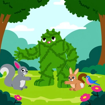 A friendly golem made of twigs and leaves interacting with woodland creatures in a lush forest.