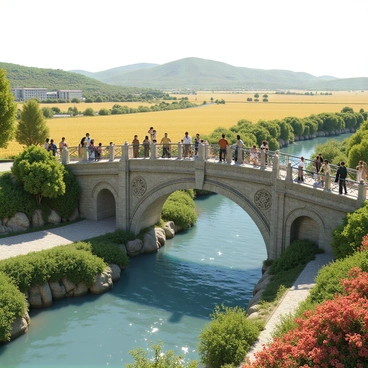 An ornate bridge with intricate designs and carvings, made of stone and metal, spans over a river. On one side of the bridge, there are lush green trees and vibrant flowers, while on the opposite side, there are rolling hills and a vast field of golden wheat. The bridge features decorative arches and lanterns that illuminate the pathway. People from both regions are gathered on the bridge, smiling and engaging with one another, symbolizing unity between the two distinct landscapes.