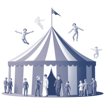 A big top circus tent stands prominently in the scene. Inside, ghostly figures of acrobats float gracefully through the air, their movements fluid and mesmerizing. Spectral clowns, with exaggerated features and wide smiles, perform antics that captivate the onlookers gathered below. The audience displays a mix of expressions ranging from astonishment to delight. The atmosphere is filled with an otherworldly energy as the troupe showcases their unique talents, creating a spectacle that enchants everyone present.